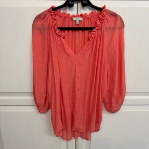 Coral Ruffle V-Neck Blouse. Lightweight and semi-sheer. Size M
